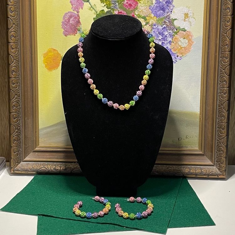 Matching Set Betsy Johnson Pastel Rainbow Fireball Pave Rhinestone Bead Necklace & Hoop Earrings