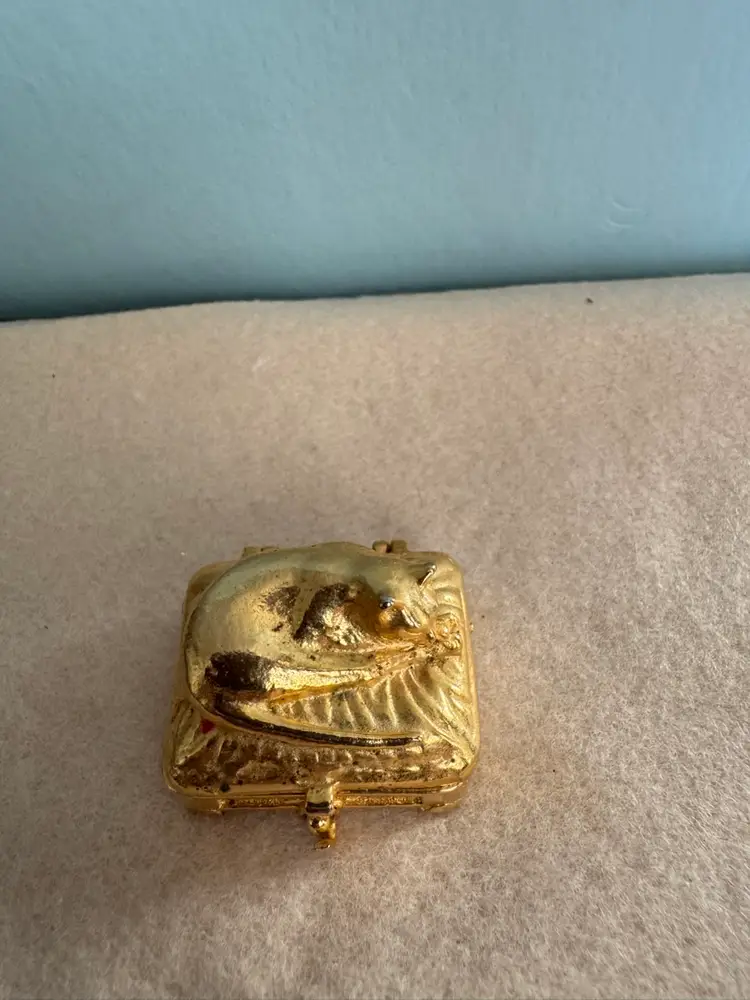 Gold Tone Trinket Box With Sleeping Cat And Red Velvet Interior. Marked “Alpaca” On Bottom.