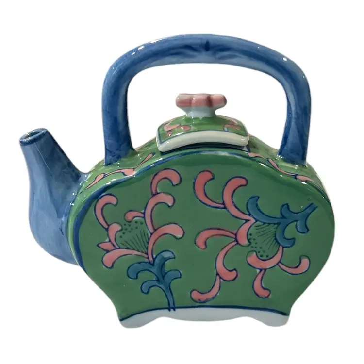Blue Green and Pink Hand Painted Ceramic Teapot Signed by Ben Rickert