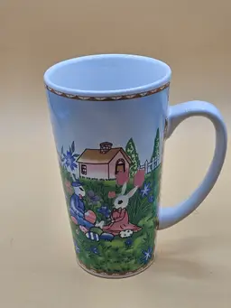 6.5"H Easter Pink Blue Bunnies Tall Mug
