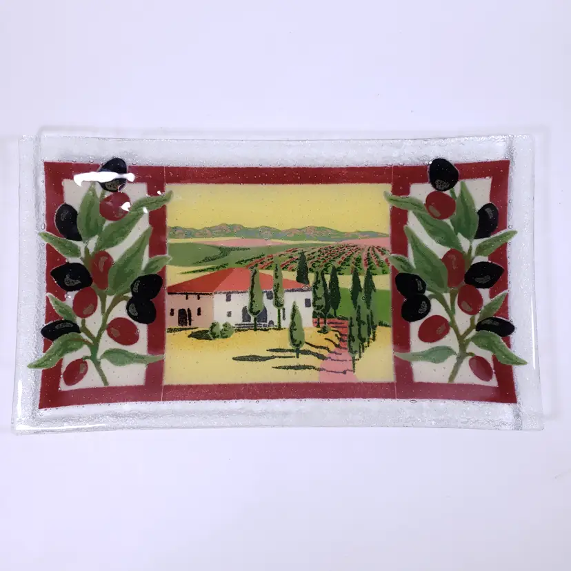 Signed PEGGY KARR Tuscany Vineyard Farm Rectangular FUSED GLASS SERVING TRAY