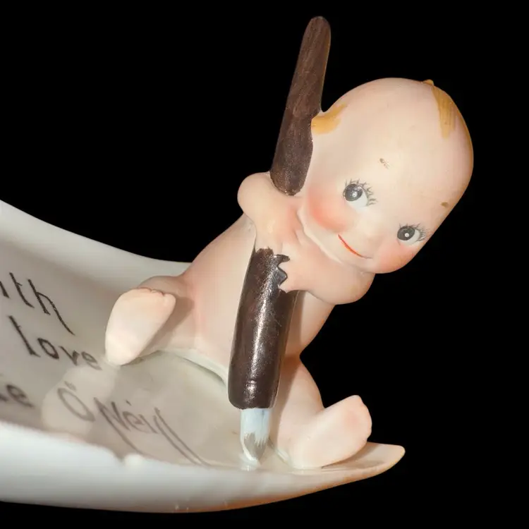 1910s Bisque Kewpie w/ Pen Porcelain Envelope Dish Real Stamp HTF