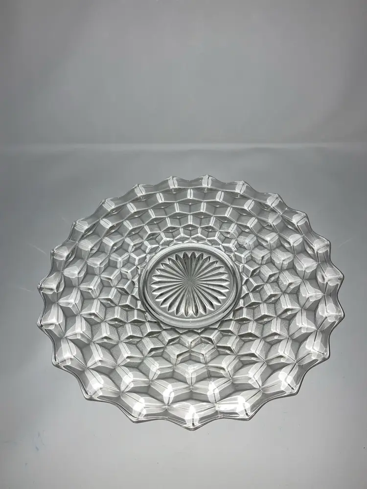 Vintage Fostoria American Pattern 12”  Platter! Geometric Cube Design with a Scalloped  Edge! UV Reactive! Glow 😎 12” Wide x 1” Tall!