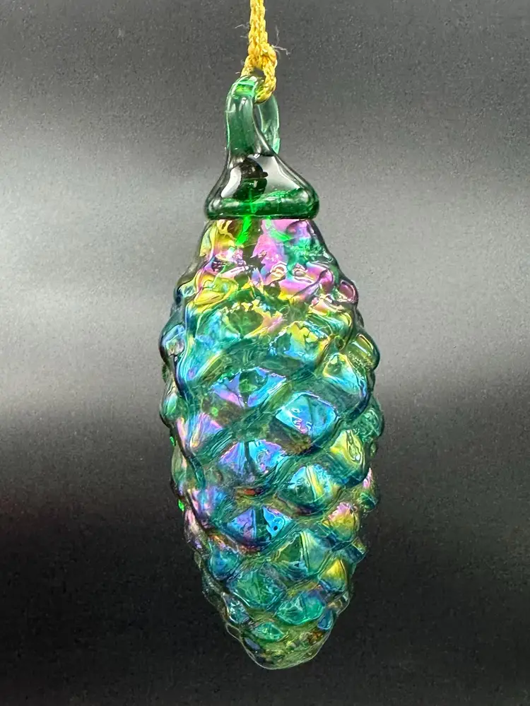 Glass Eye Studio Pinecone Ornament Green Iridescent Blown Glass Seattle WA Artisan Christmas