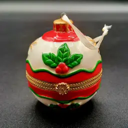 Vintage Christmas Ball Ornament Hinged Trinket Box Holly Red Green White Gold