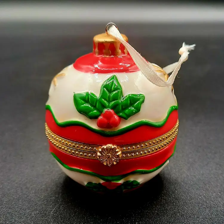 Vintage Christmas Ball Ornament Hinged Trinket Box Holly Red Green White Gold