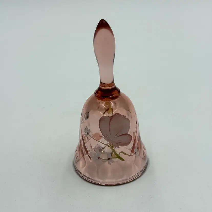 Fenton Vintage Pink Art Glass Bell Diamond Optic Hand Painted Butterfly Flowers Signed