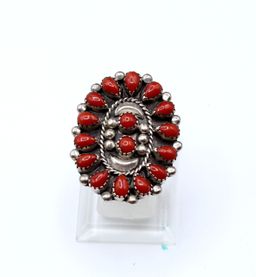 Marie Silver Navajo Dine' sterling silver Coral size 8 ring 12.10g