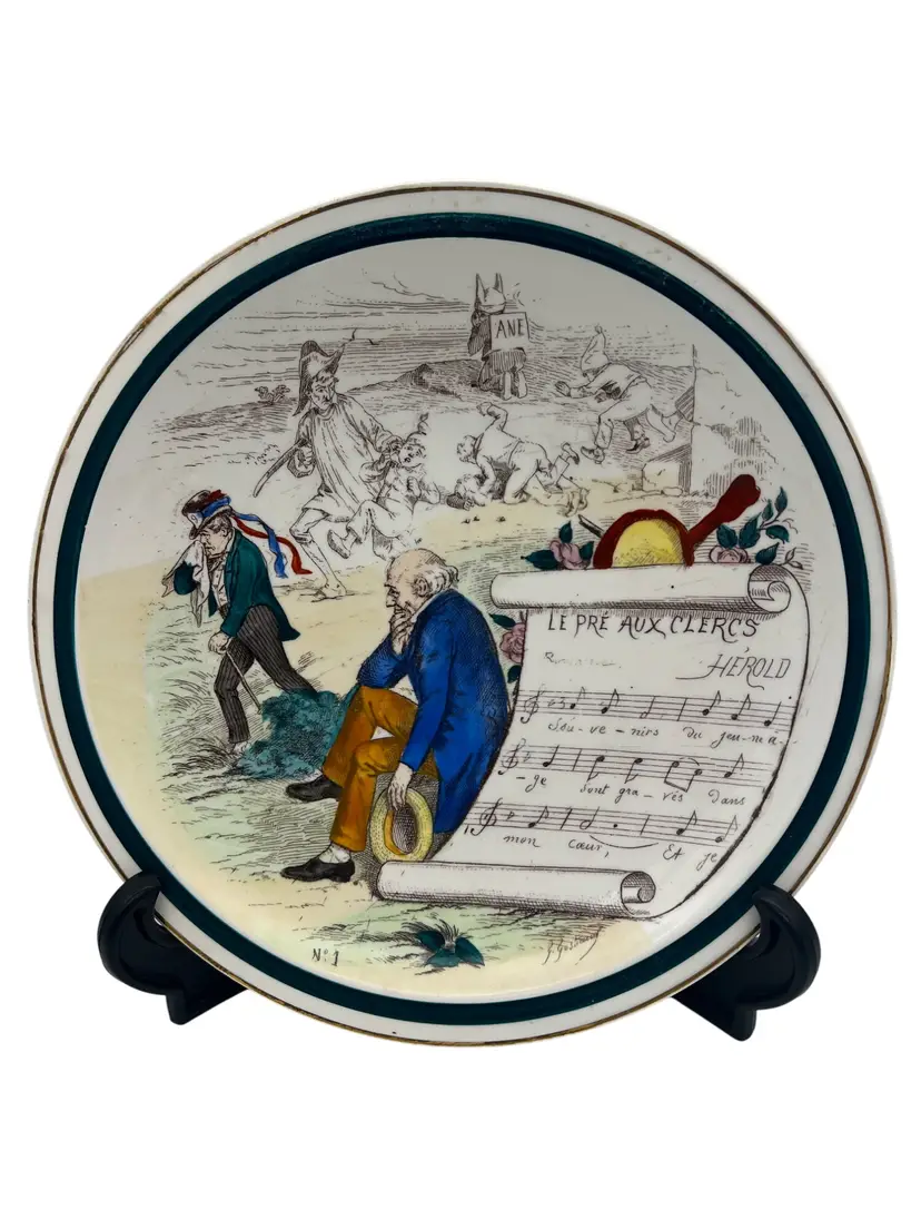 Antique Creil Montereau Sujets Musicaux Plate Le Pré Aux Clercs Hérold France Terre de Fer 8.5" Transferware c.1900s