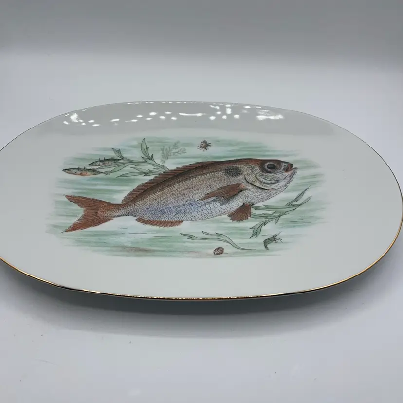 Neiman Marcus White With Gold Trim Large Platter Fish Design 15”