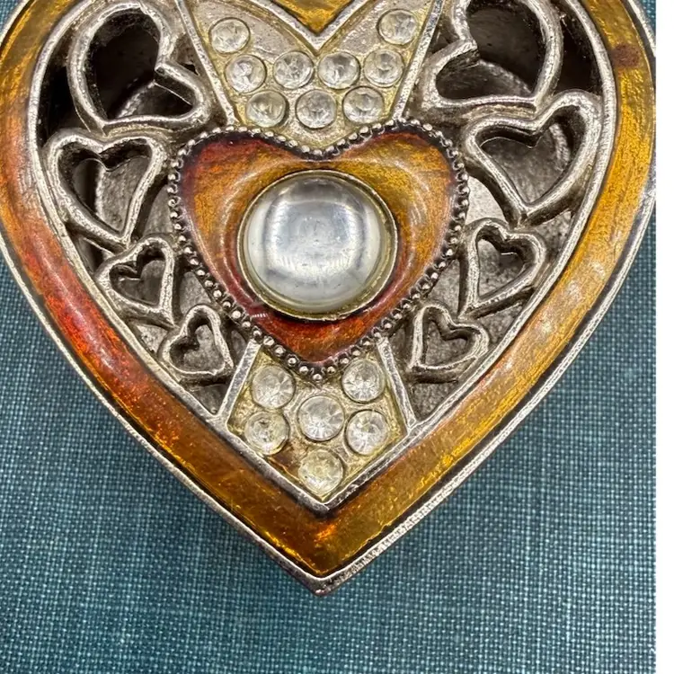 Vintage Silver Tone Heart Trinket Box - Filigree & Enamel Lid with Cabochon & Rhinestones 2"x 2"