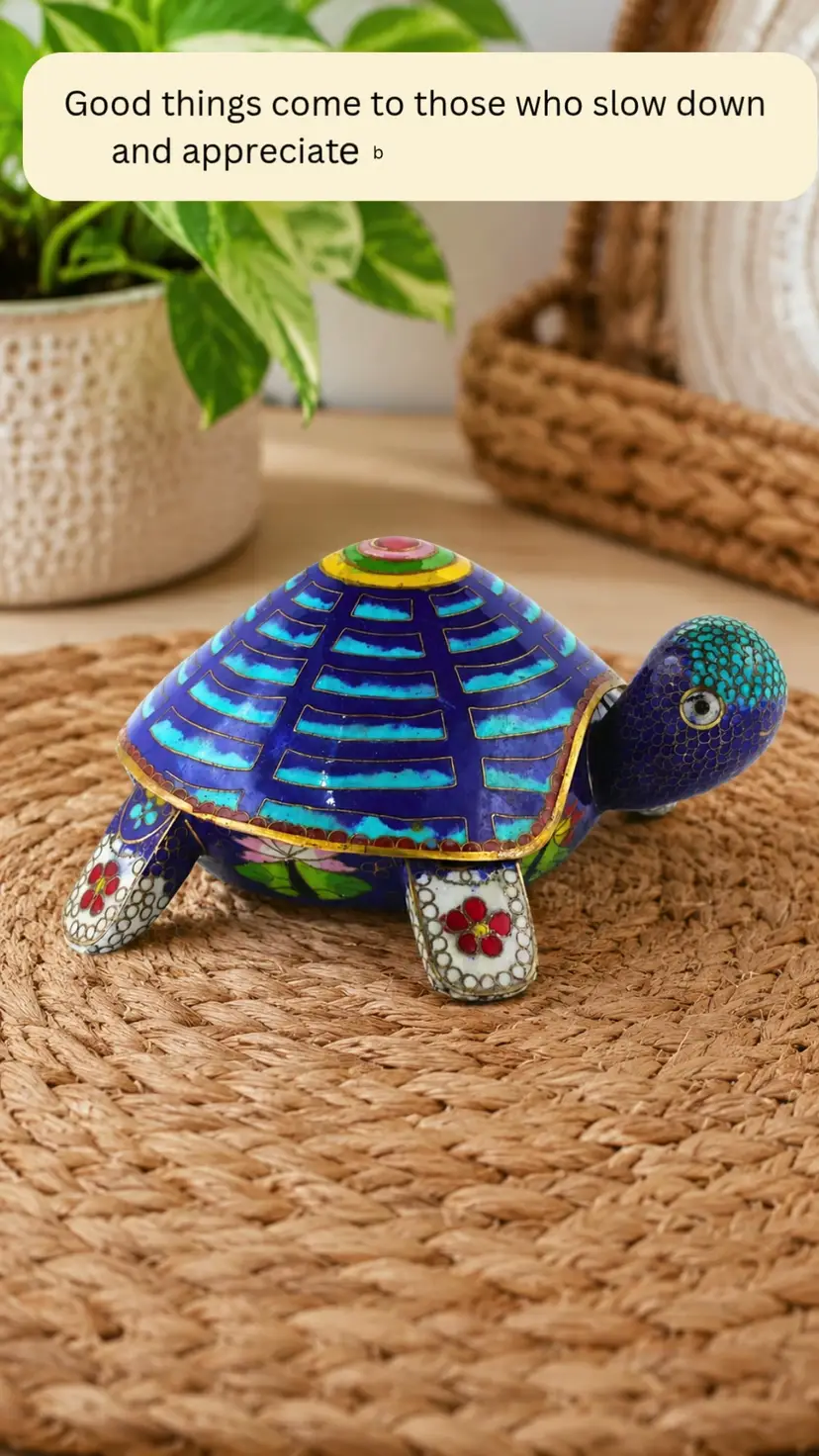 Vintage Cloisonne Turtle Trinket Box Figurine Enameled Brass Jewelry Holder
