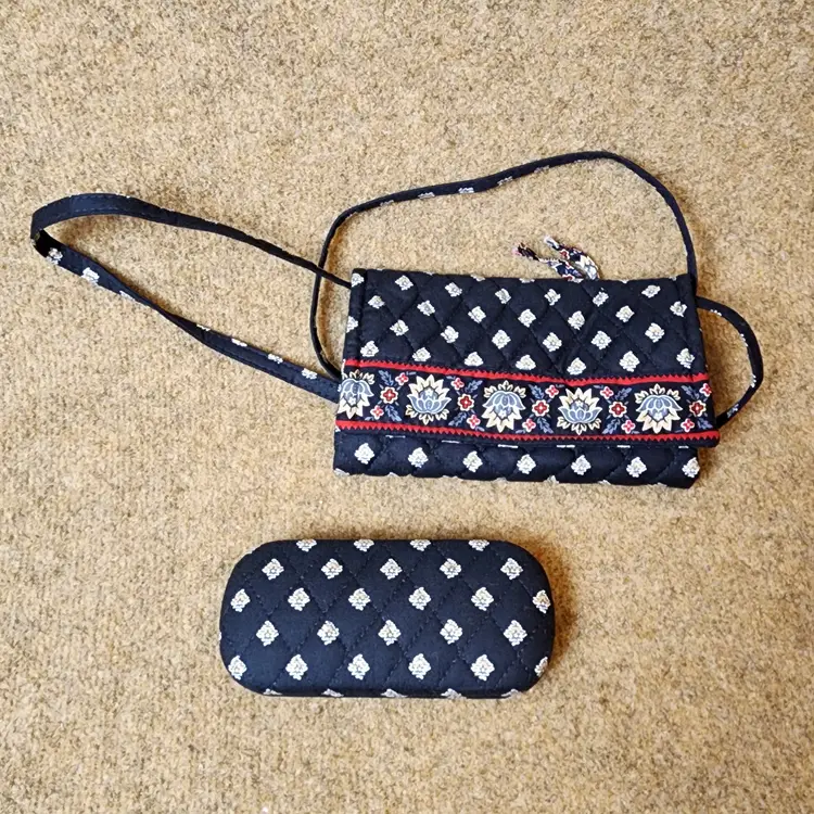 6Pc Vera Bradley Set Floral Tote Glasses Case Crossbody Wristlet Coin Black RARE