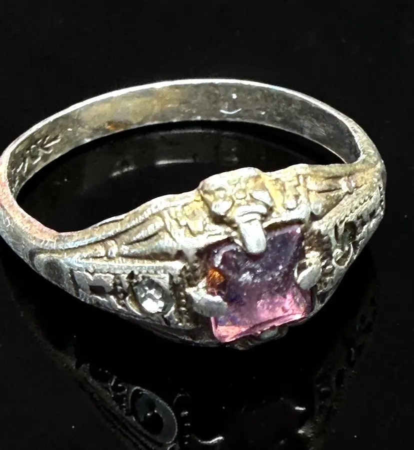 Antique Art Deco Sterling Silver Amethyst Ring - Size 3.5 - Signed Uncas