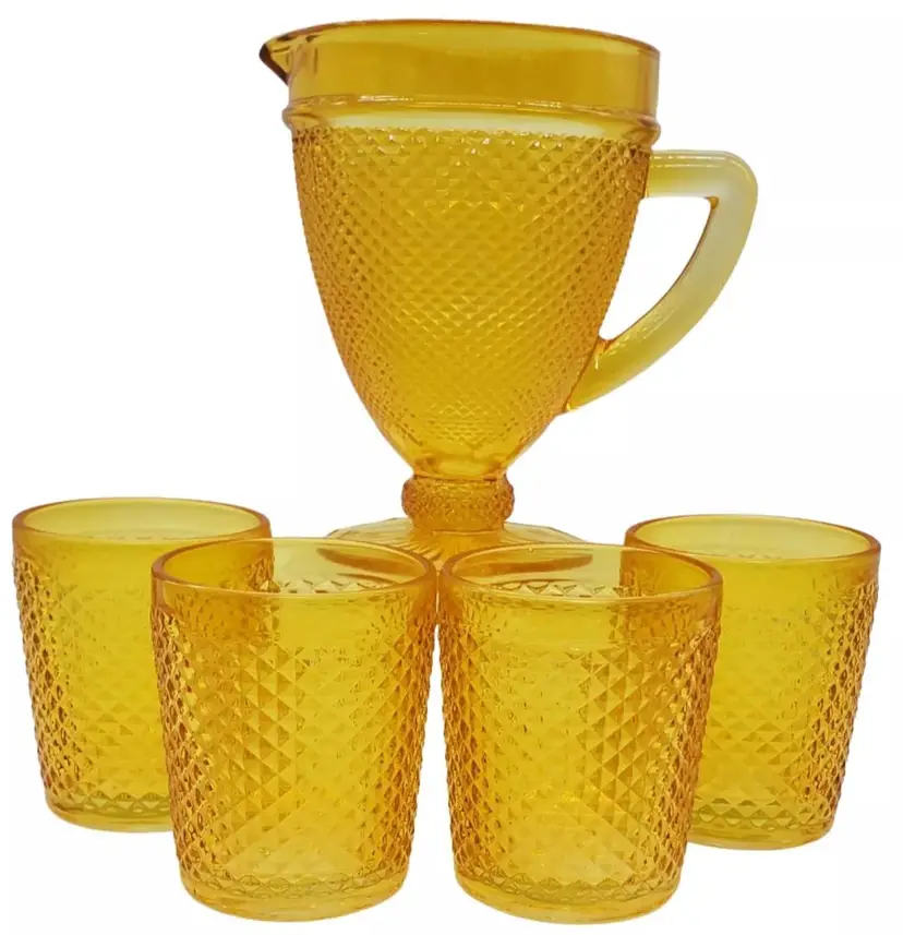Vista Alegre BICOS Amber Pitcher With 4, 4" Tumblers Diamond Point Glass