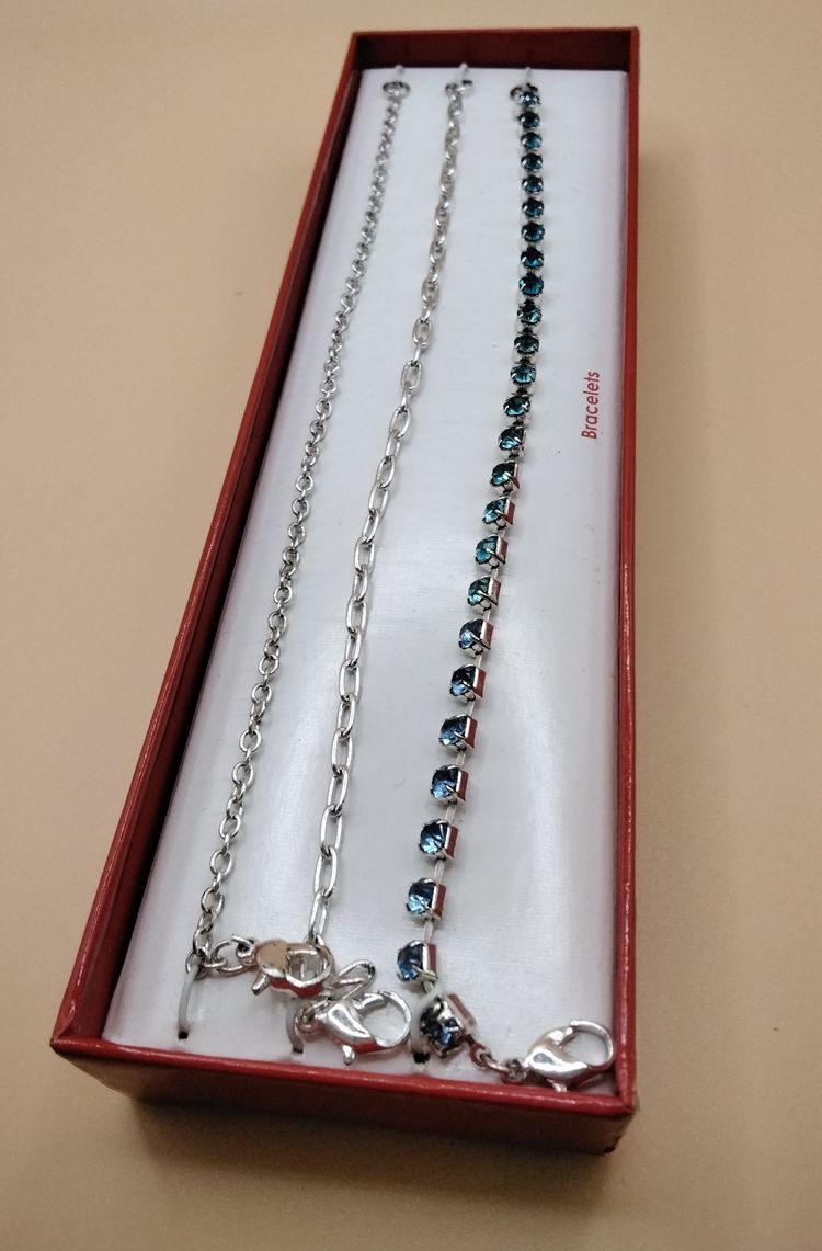 Bracelets 3 in Box 2 Link & 1 Blue Rhinestone All Silver Toned