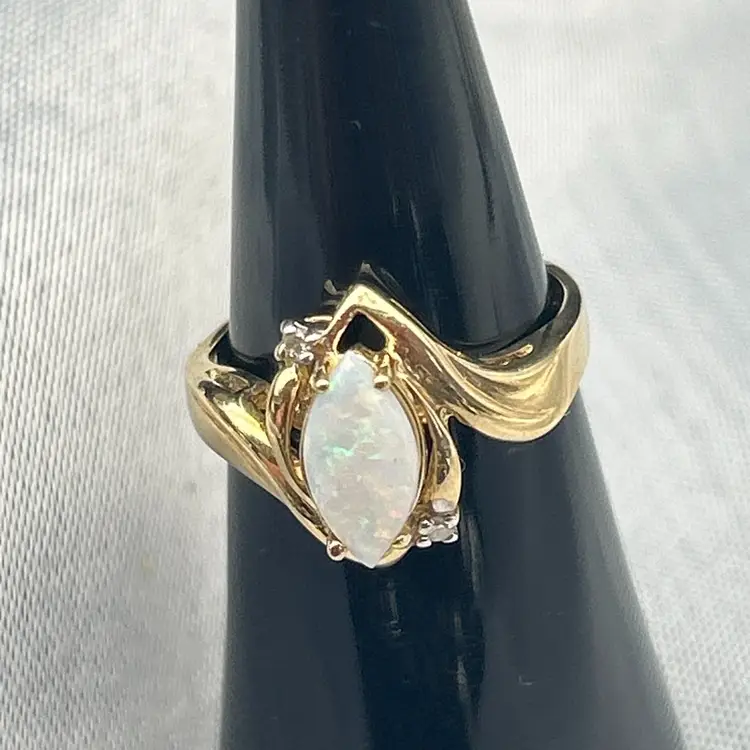 Vintage 10K Yellow Gold Marquise Opal Ring with Diamond Accents – Size 5