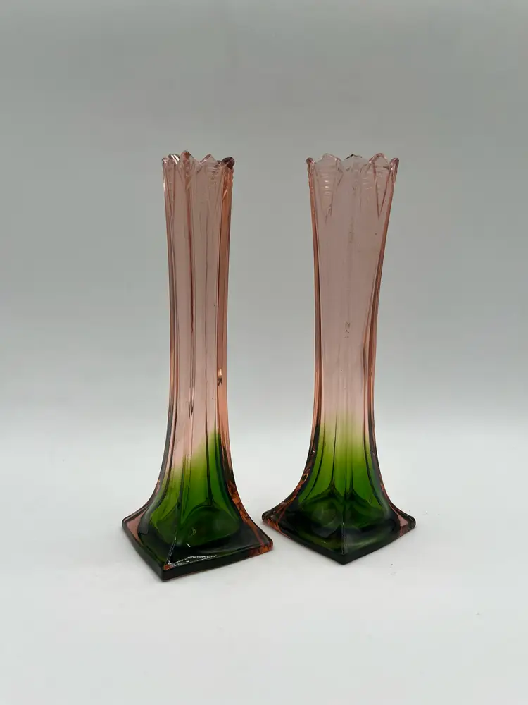 Antique Rubina Verde Glass Bud Vases Pink Green Art Deco 1920s
