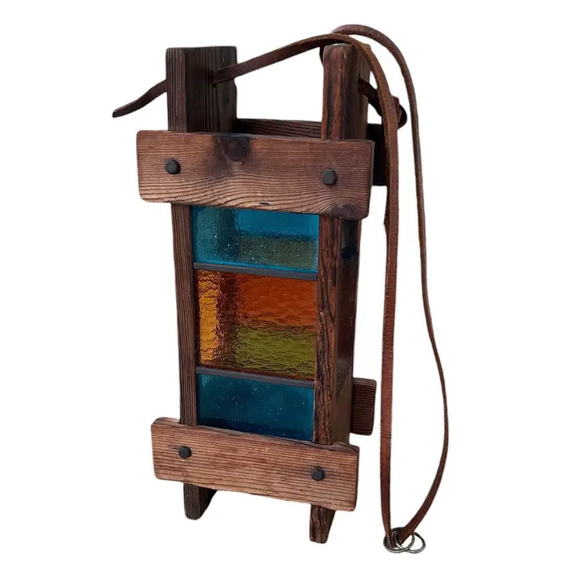 Rustic Wood And Stained Glass With Leather Hanging Strap Decoration Or Potential Light Fixture