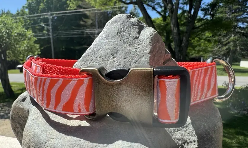 Dog Collar Orange Zebra Print Large Handmade Heavy Duty W/Buckle NEW