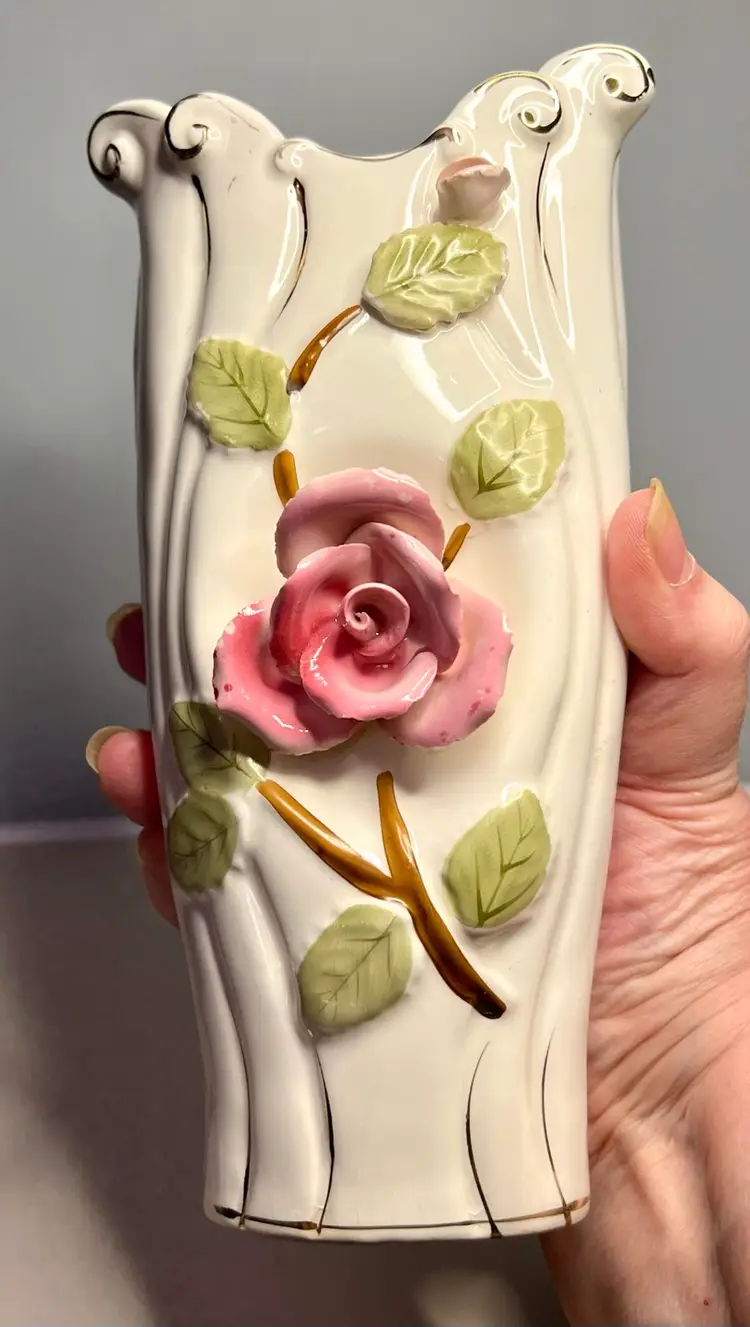 Vintage Ucagco Cottage Core 8 1/2” White Vase Pink Roses