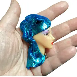 Beautiful Blue Iridescent Lady Plastic Face 2.5” L X 2” W
