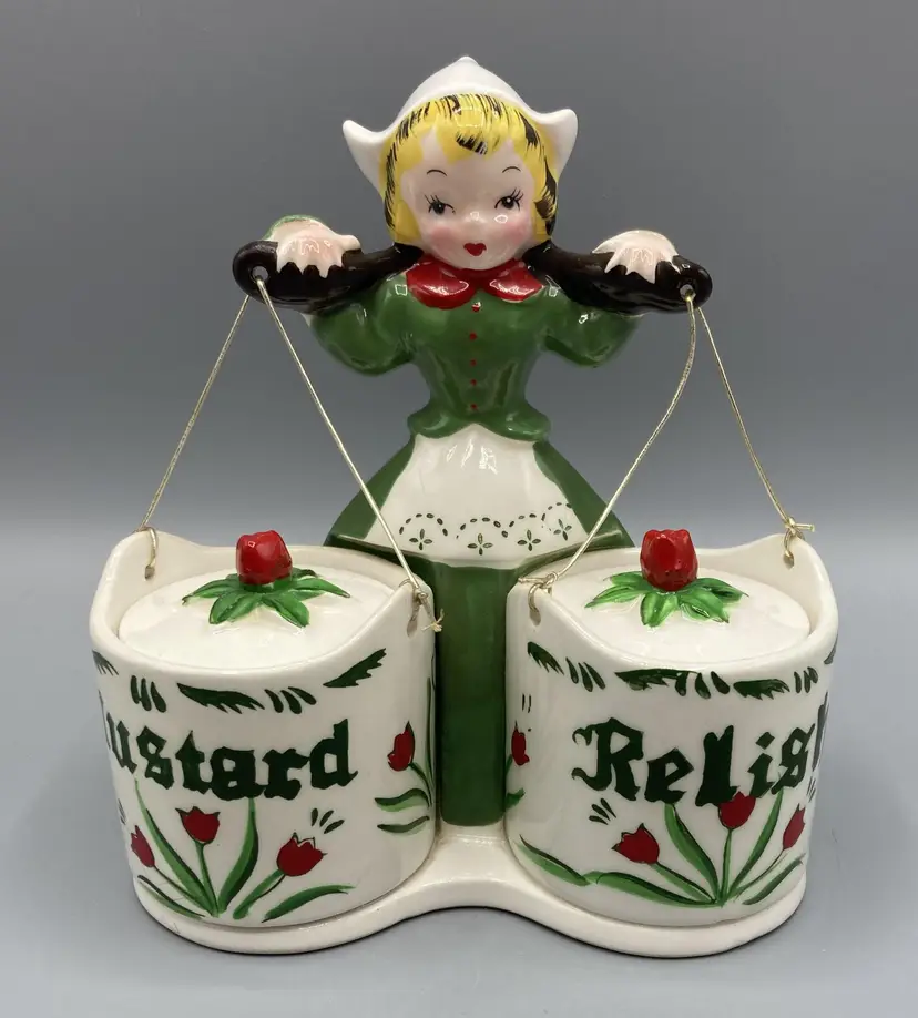 Tulip Tyme Dutch Girl Shafford Japan Mustard and Relish Jars - 8925Y - Vintage