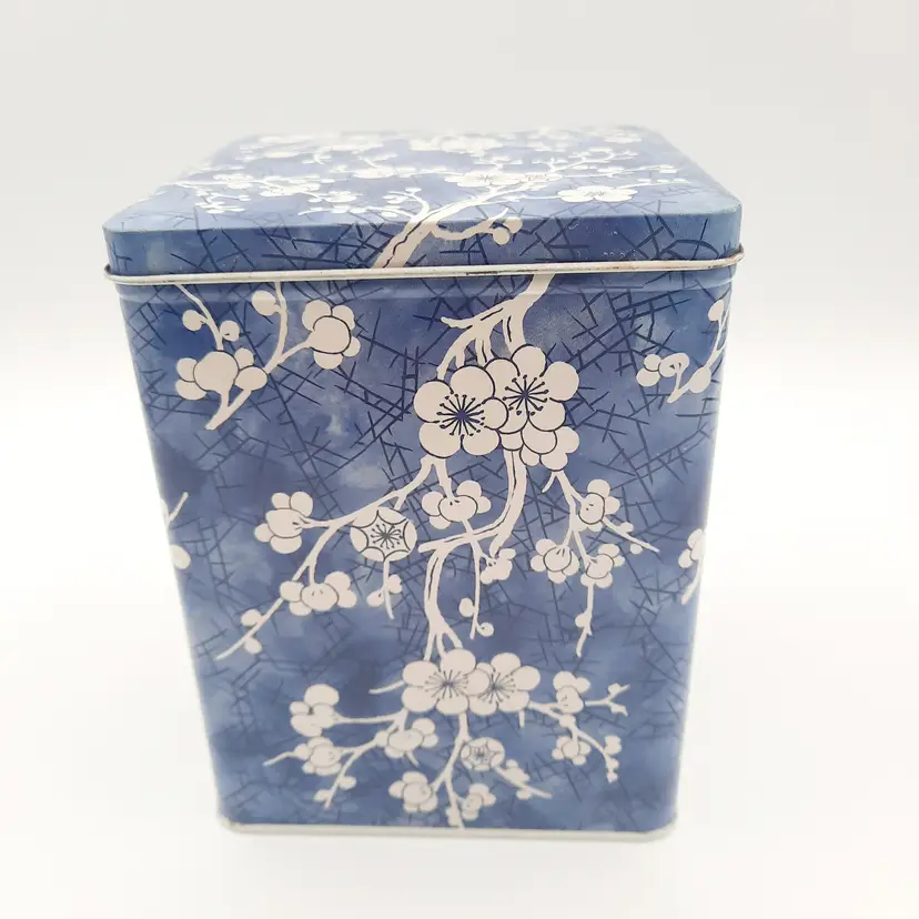Vintage Daher Blue White Cherry Blossom Hinged Tin Canister