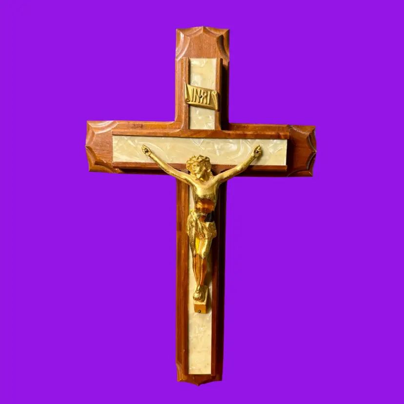 12.5" Vtg Wooden Pearloid Crucifix Sick Call Last Rites Devotional Set READ