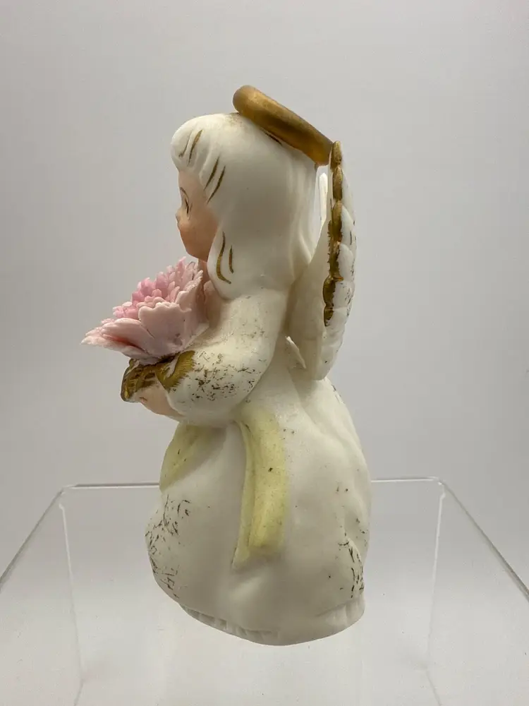 Lefton May Birthday Angel Holding Basket Of Pink Flowers #3332 Japan Vintage
