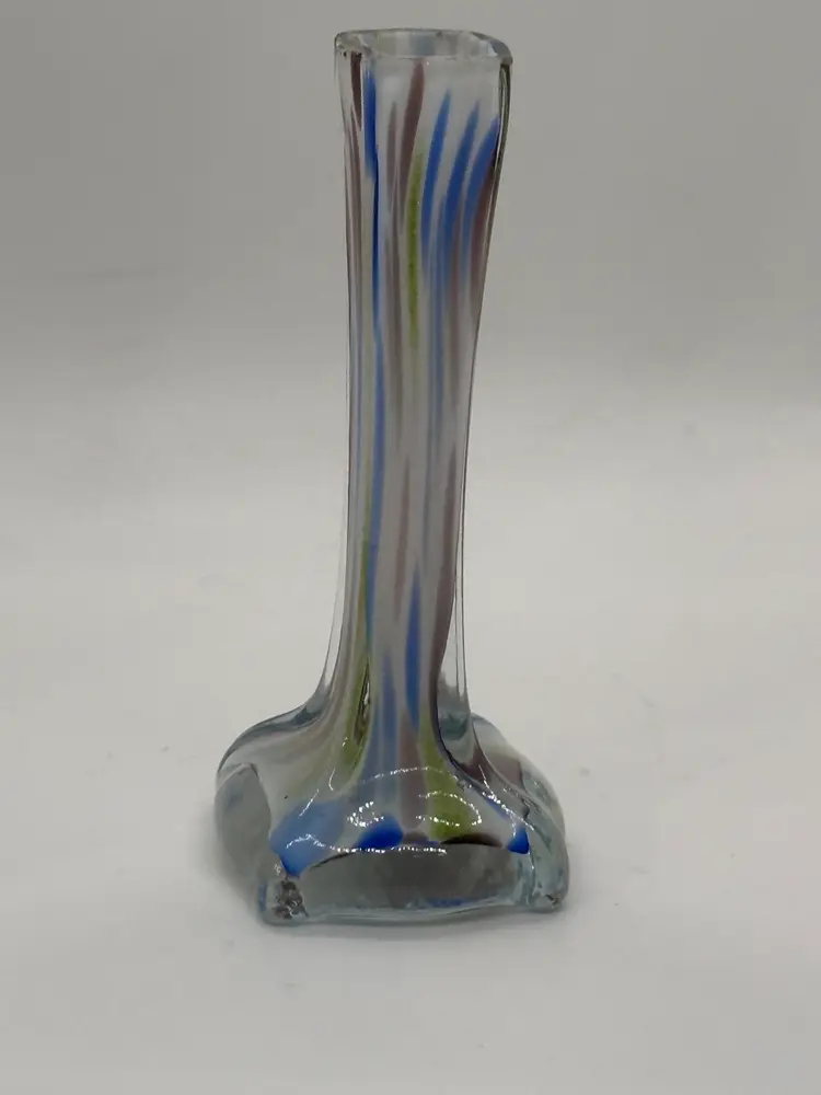 Colorful Art Glass Bud Vase Made In Japan Square Bottom 4.75”