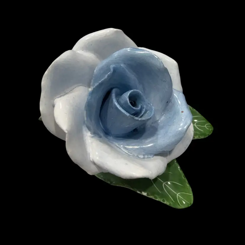 Vintage Herend Hungary Hand Painted Blue Porcelain Rose On Leaves