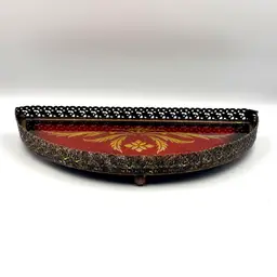 Red Glass Metal Filigree Footed Dresser Riser Tray 6.5”x12”