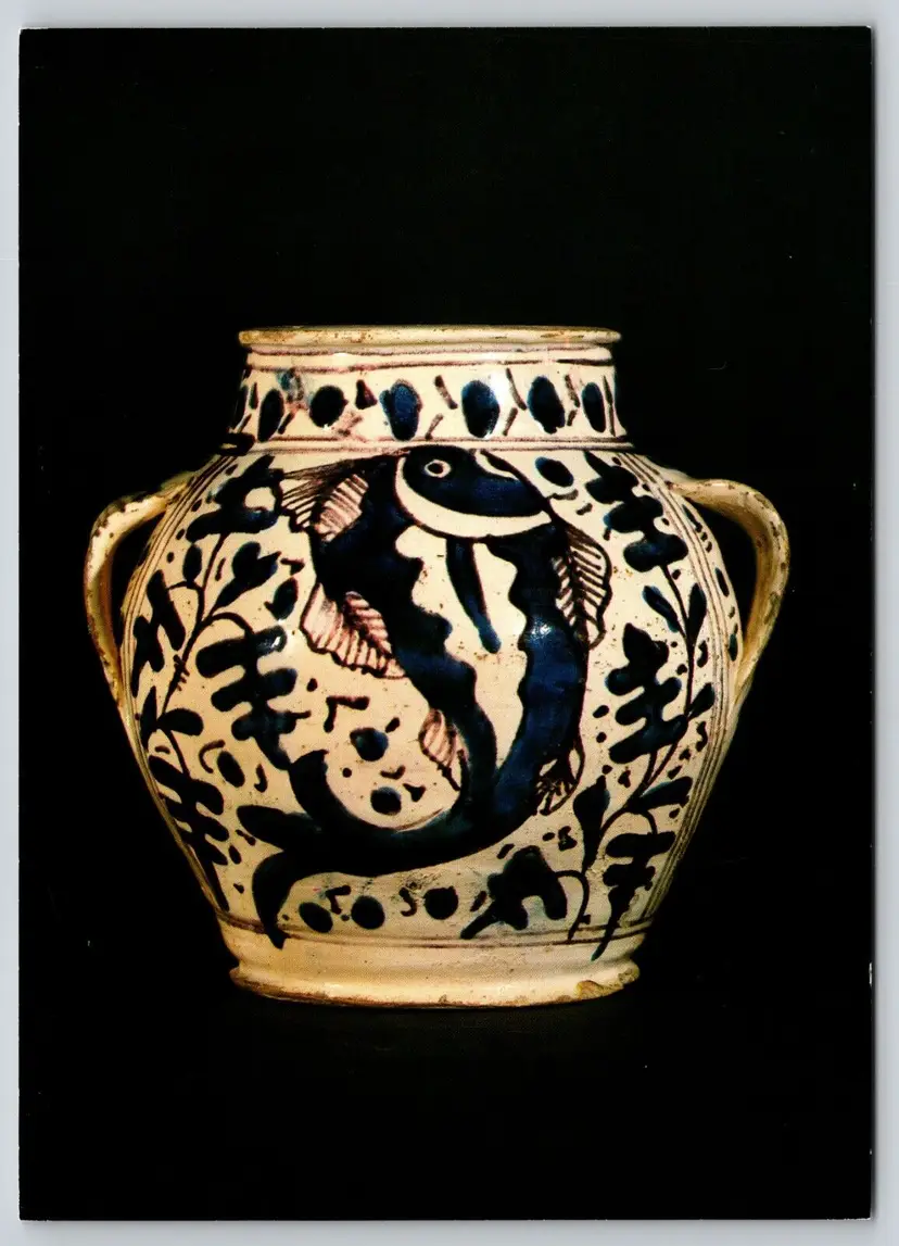 Postcard Apothecary Jar with Oak Leaf Motif and Fish Italian Kimbell Art Museum