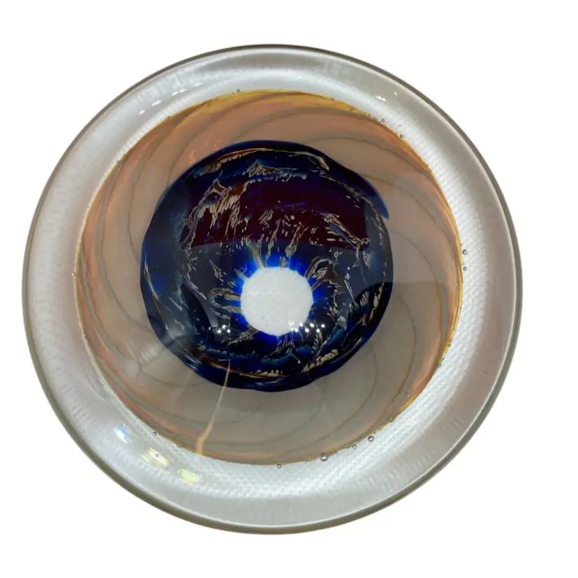 Gorgeous Disc Like Paper Weight Blue, Iridescent And Clear