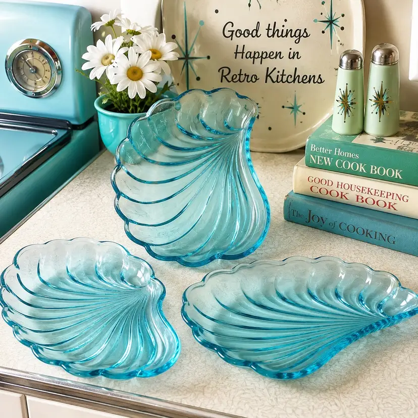 ◡̈ Lot of 3 ◡̈ Vintage ◡̈ Hazel Atlas ◡̈ Capri ◡̈ Aqua Blue ◡̈ Glass ◡̈ Shell Snack Plates ◡̈ 10” x 6”◡̈