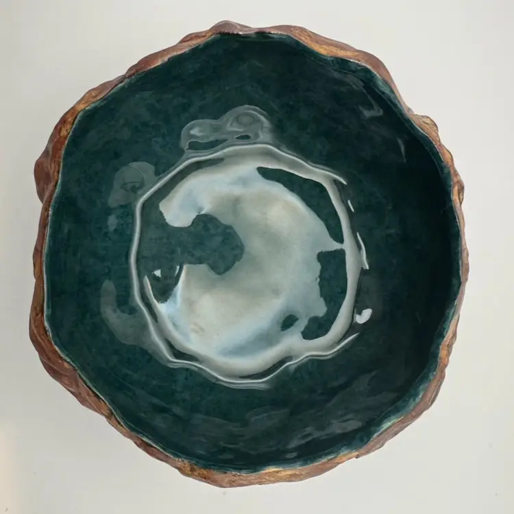 Vintage Terrafirma Pottery Bowl Signed J.E. 1996. Dark Green Glaze Inside. Brown Matte Glaze Outside. 7” X 3.5”