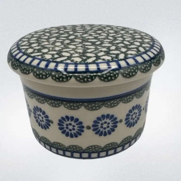 Blue Rose Polish Pottery Maia French Butter Dish Floral Green Lace Pattern RW-8