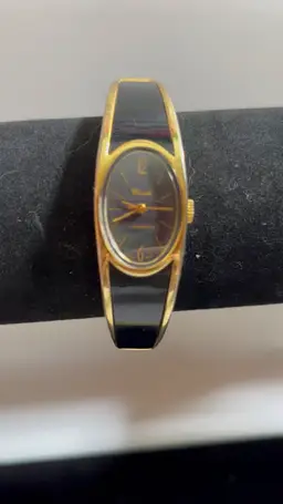 Vintage Cariole Mechanical Bangle Watch - Gold Tone & Black Acrylic - Antimagnetic - Working Condition