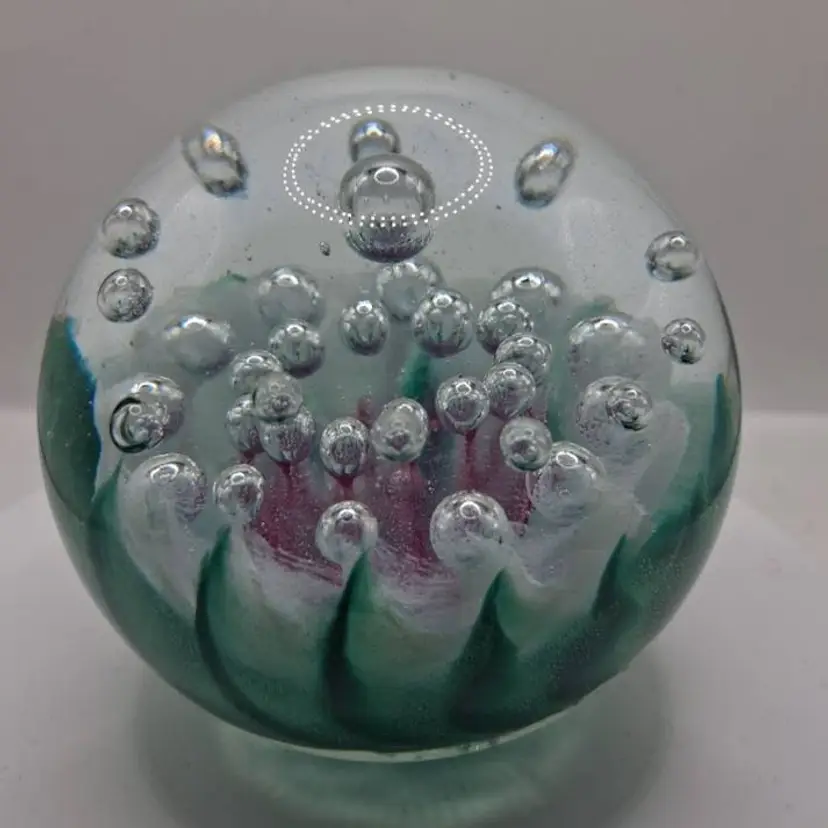 Gorgeous Signed, Intaglio Levay Glass Paperweight, Pink, Green, Controlled Bubble, Limited Ed.