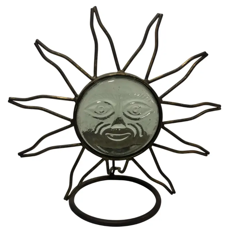 Metal Celestial Clear Glass Sun Face Vtg. Candle Holder | 10.25”