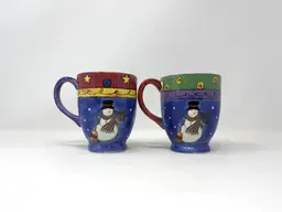 Sango Sweet Shoppe Christmas Mug Pair – 14oz Stoneware, Snowman Art, 2002 Collectible