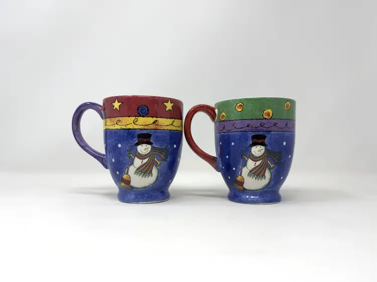 Sango Sweet Shoppe Christmas Mug Pair – 14oz Stoneware, Snowman Art, 2002 Collectible