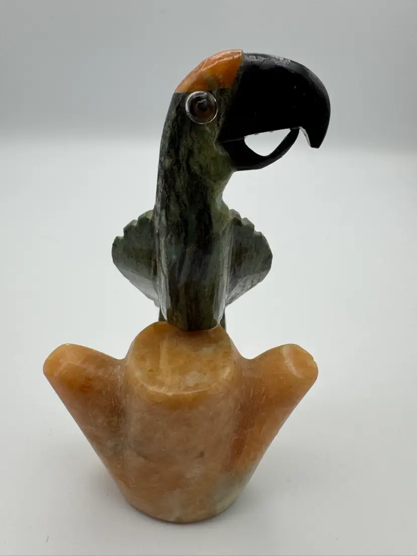 Vintage Hand Carved Stone Tropical Macaw Bird On Branch Rare
