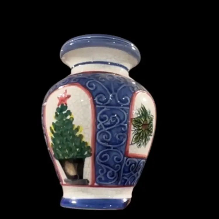 Blue Holiday Christmas Motif Pottery Vase 6”