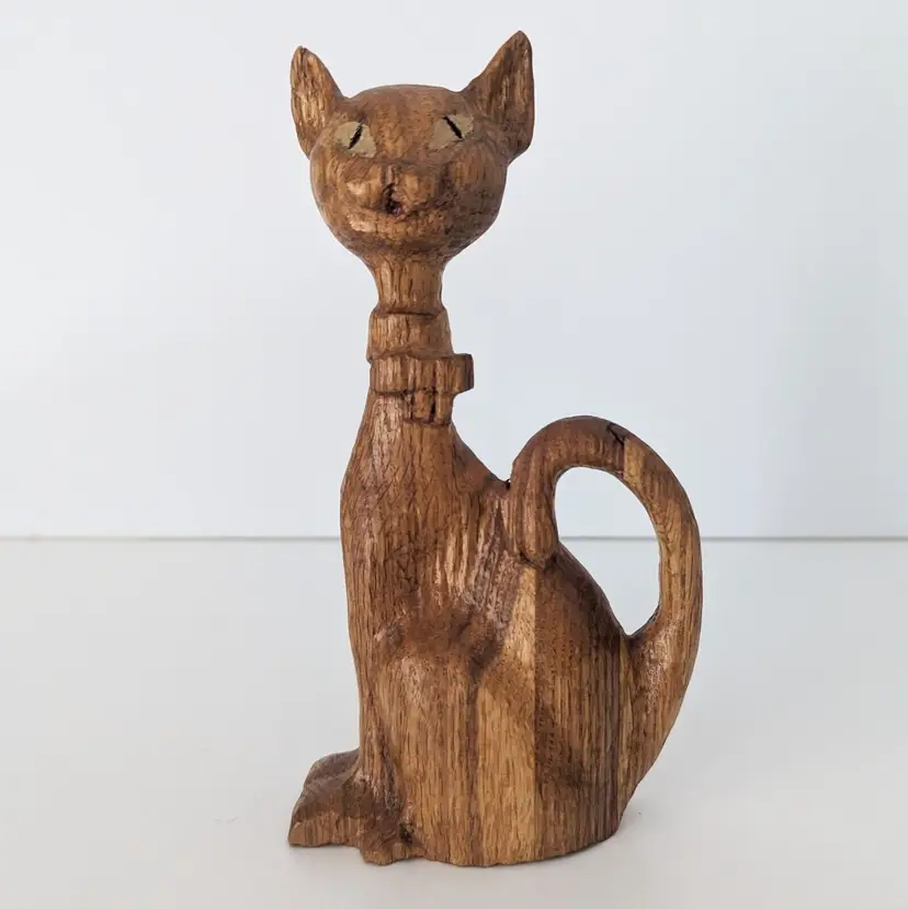 VTG Mid Century Style Hand Carved Wood Alley Cat Statue Figurine 7.25" H