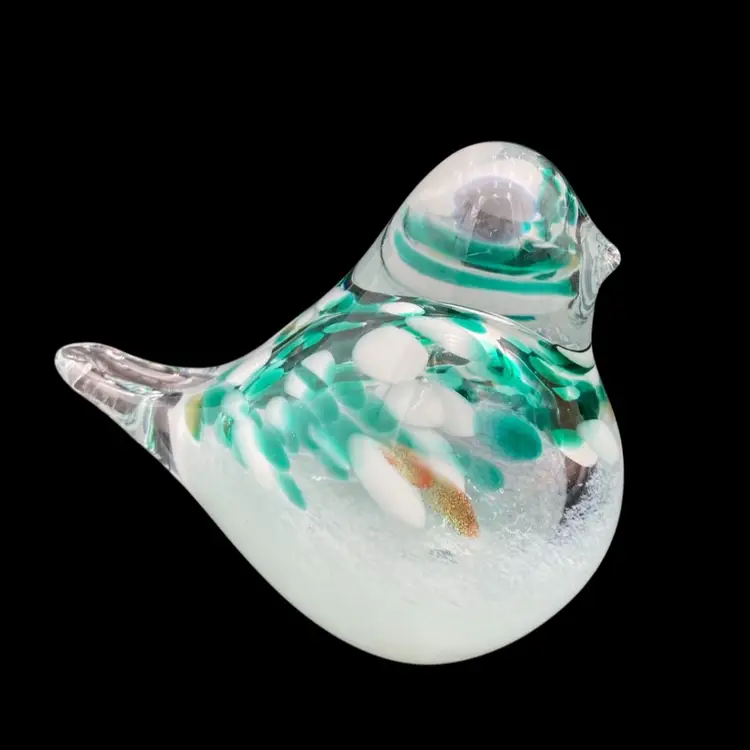 Handmade Glass Bird Figurine/Paperweight, Teal/White/Gold Accents, 4.2" Tall