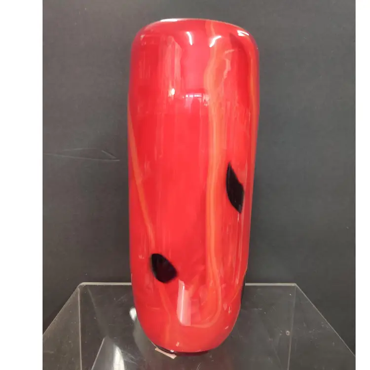 Stunning 8" Czech Handblown Red, Black And Orange Swirl Vase