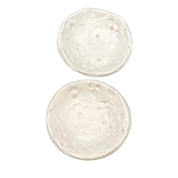 Soft white handmade set of two trinket dish with floral design