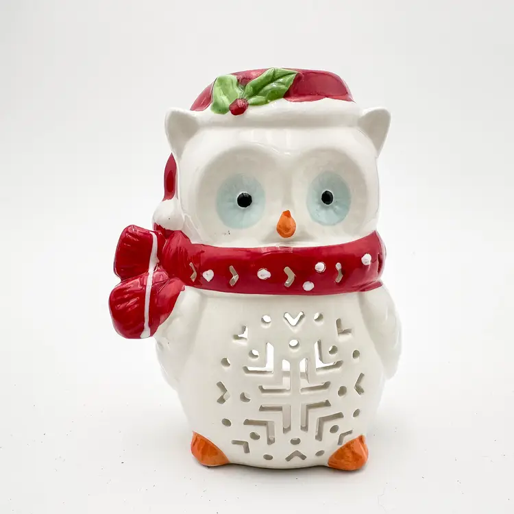 White Owl Ceramic Candle Holder Christmas 5.5"H 3.5"W B25